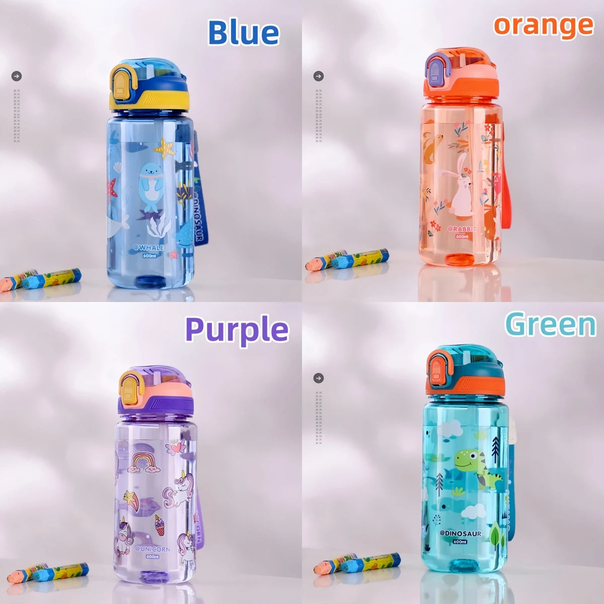 Dinosaurus Drinkfles 600ml met Siliconen Rietje en Draagkoord