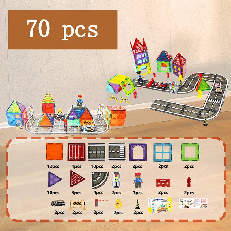 Magnetische Tegels Bouwset met Wegdelen en Auto's (5.5cm)