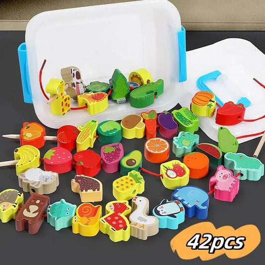 Houten Rijgkralen Set voor Kinderen - 42 Stuks Dieren en Fruit