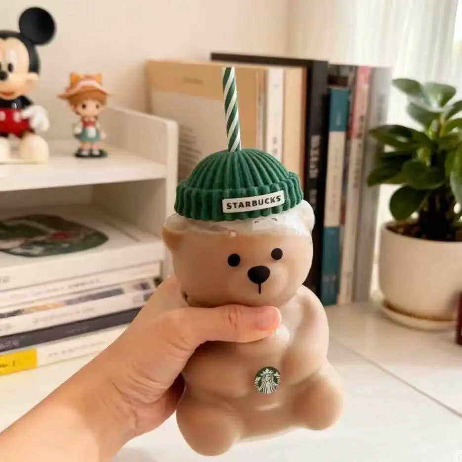 Starbucks Bearista Bear Glazen Drinkbeker – 591ml met Groene Deksel en Rietje