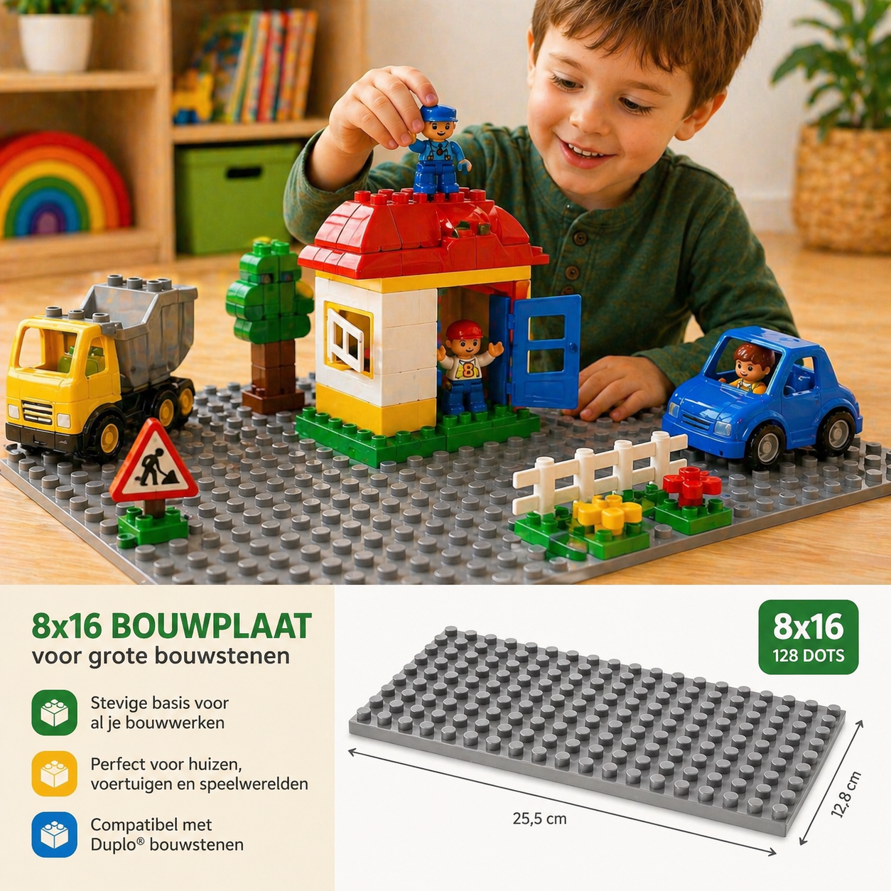 Bouwplaat 8x16 voor grote bouwstenen – Compatibel met Duplo®