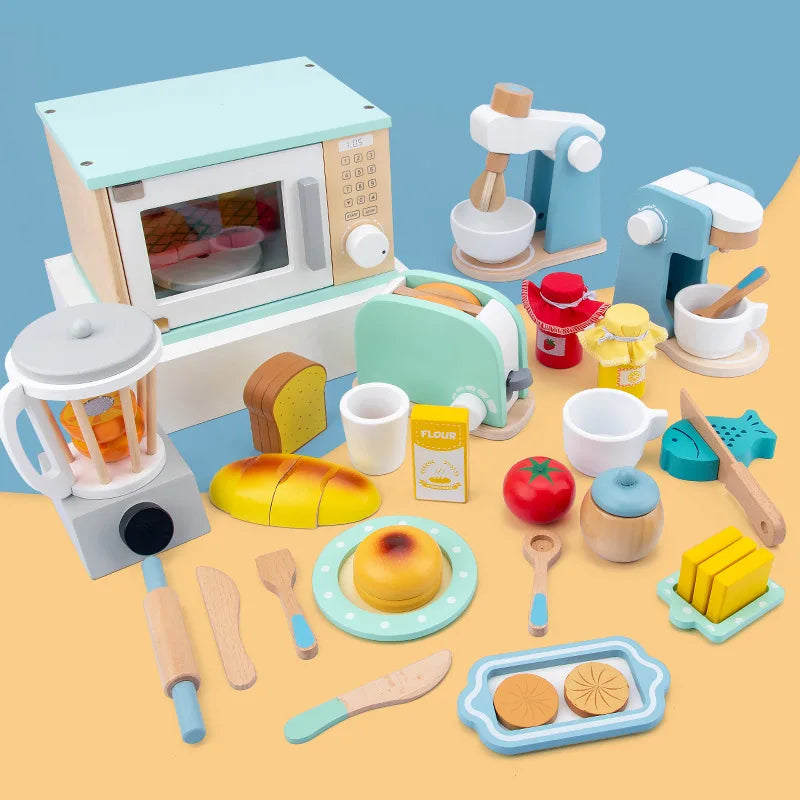 Houten Speelkeuken Set met Broodrooster en Magnetron voor Kinderen