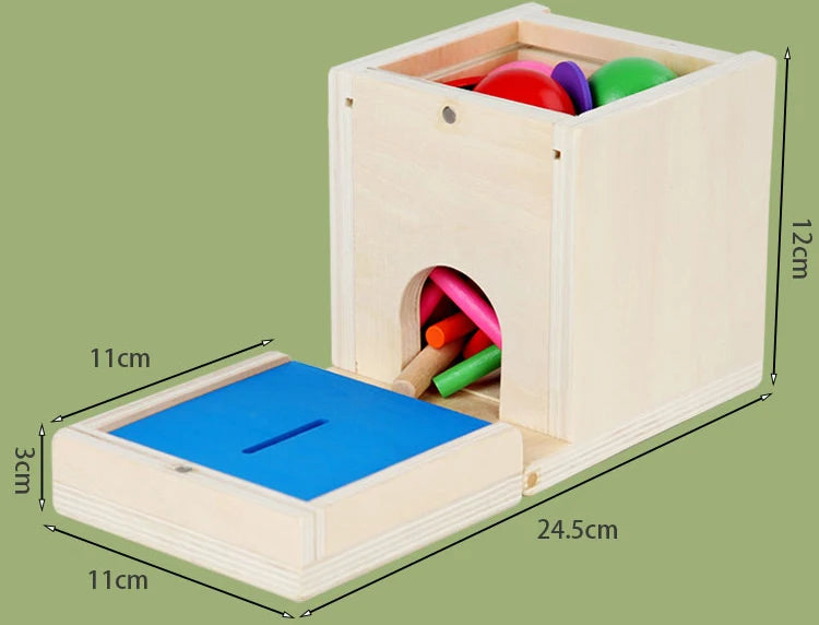 Houten Montessori 6-in-1 Speelbox met Objectpermanentie, Munten en Worteloogst