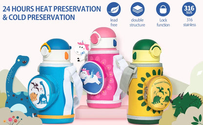 FEIJIAN Kinder Drinkfles met Rietje RVS - 600ml Lekvrij Isolerend BPA-vrij