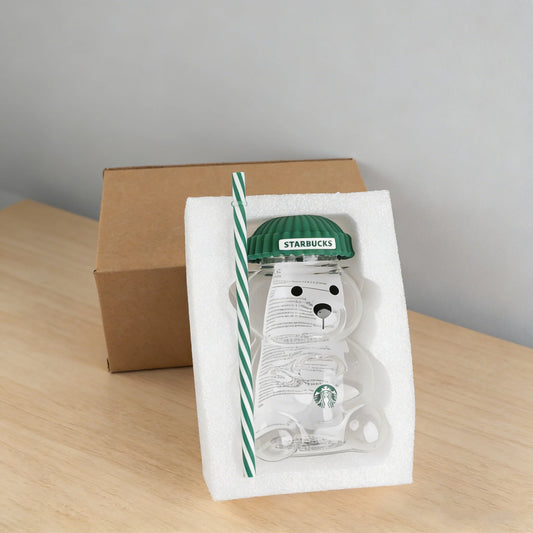 Starbucks Bearista Bear Glazen Drinkbeker – 591ml met Groene Deksel en Rietje