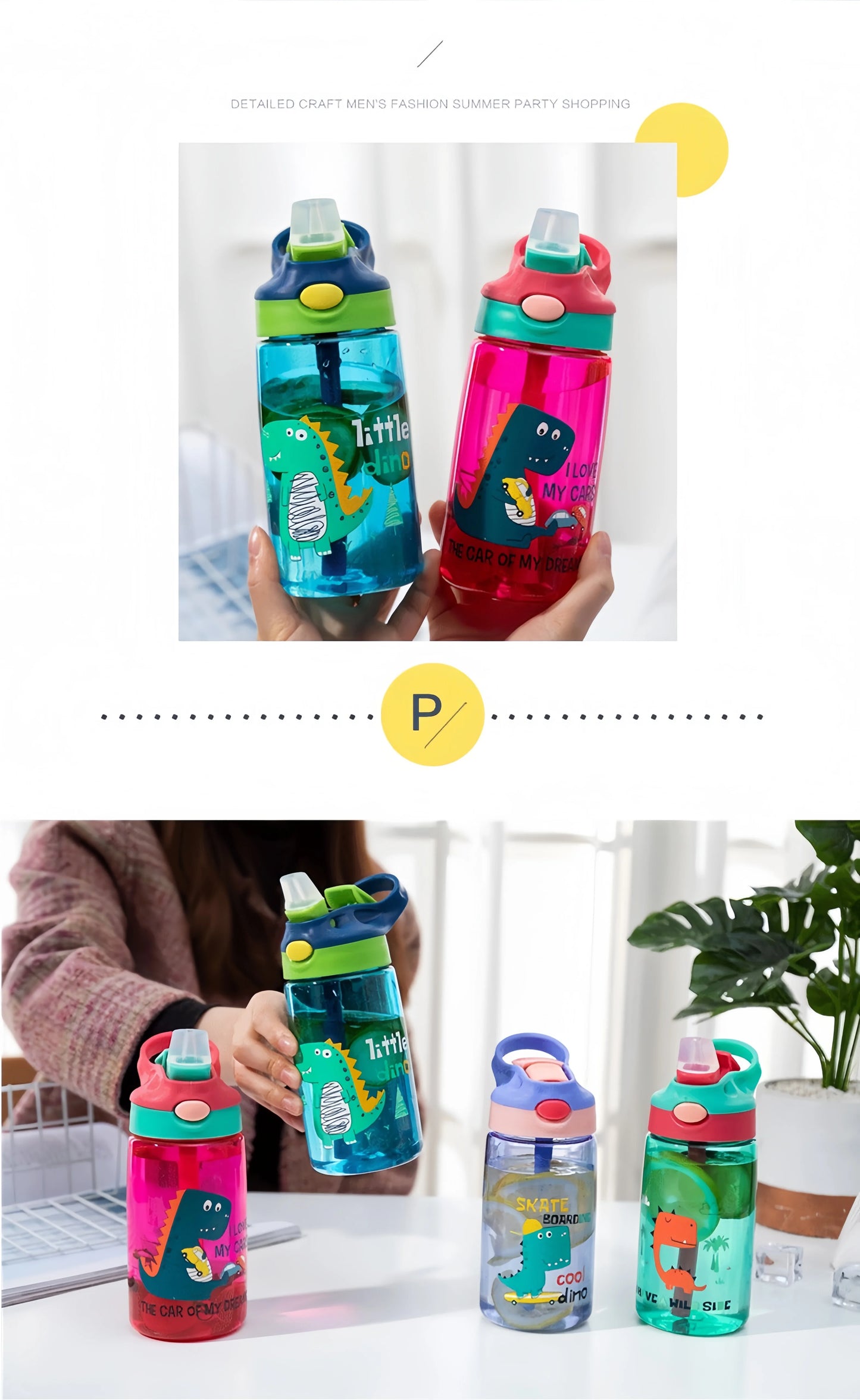Kinder Drinkfles met Tuitbeker en Rietje – Lekvrij Dino – 480 ml