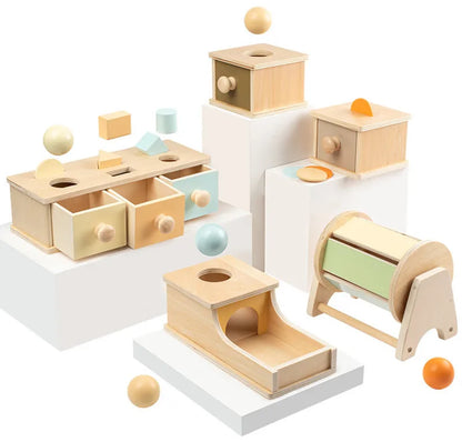 Montessori 4-in-1 Speelset: Objectpermanentie, Muntdrop, Worteloogst & Vormensorteerder