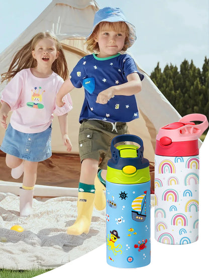 Geïsoleerde Kinder Drinkfles met Rietje en Dierenprint 350 ml