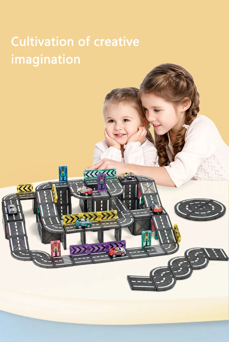 Magnetische Tegels Bouwset met Wegdelen en Auto's (5.5cm)