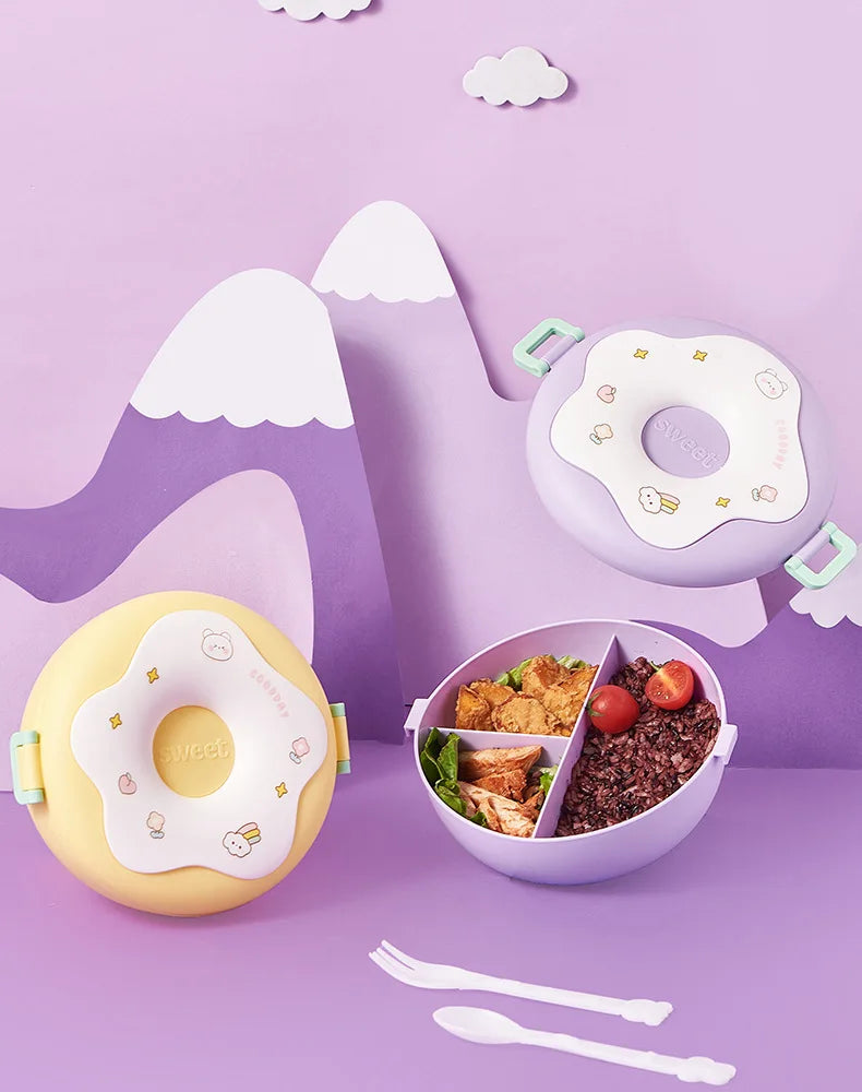 Donut Lunchbox Kind met 3 Vakken en Bestek