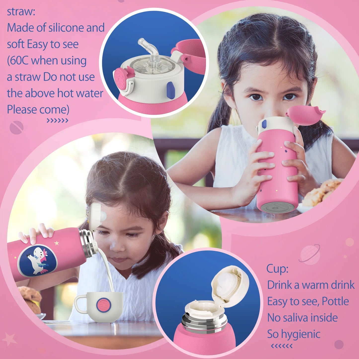 FEIJIAN Kinder Drinkfles met Rietje RVS - 600ml Lekvrij Isolerend BPA-vrij