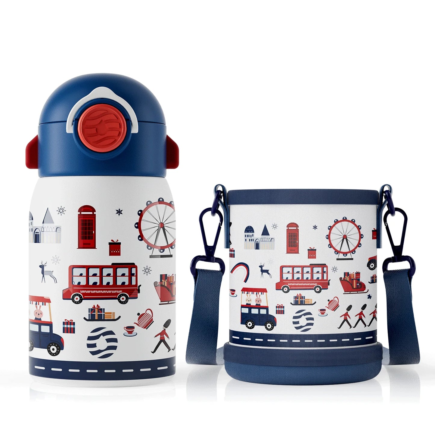 RVS Thermosfles Kind 400ml met Cartoonpatroon en Zakje