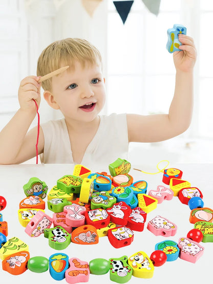 26-delige Houten Rijgset voor Kinderen – Montessori Speelgoed met Dieren, Fruit en Cijfers