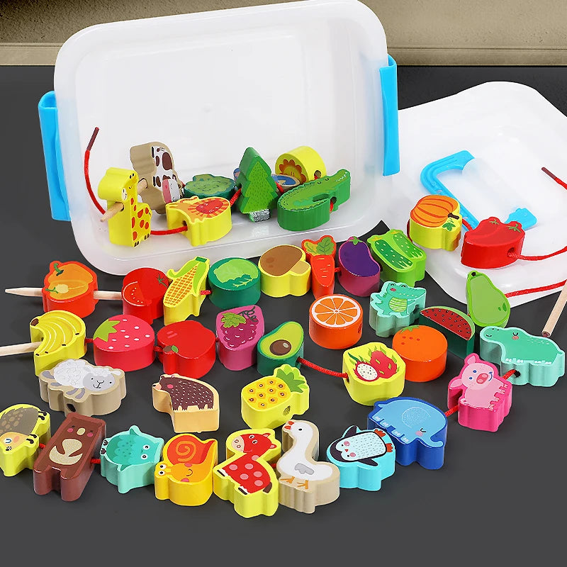 Houten Rijgkralen Set voor Kinderen - 42 Stuks Dieren en Fruit