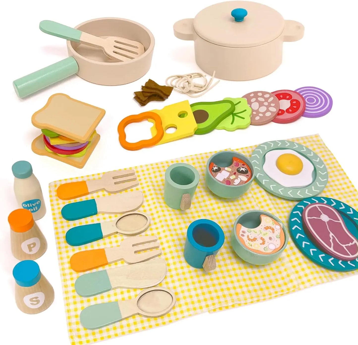 Houten Speelgoed Keuken Accessoires Set - Snijvoedsel & Ontbijt