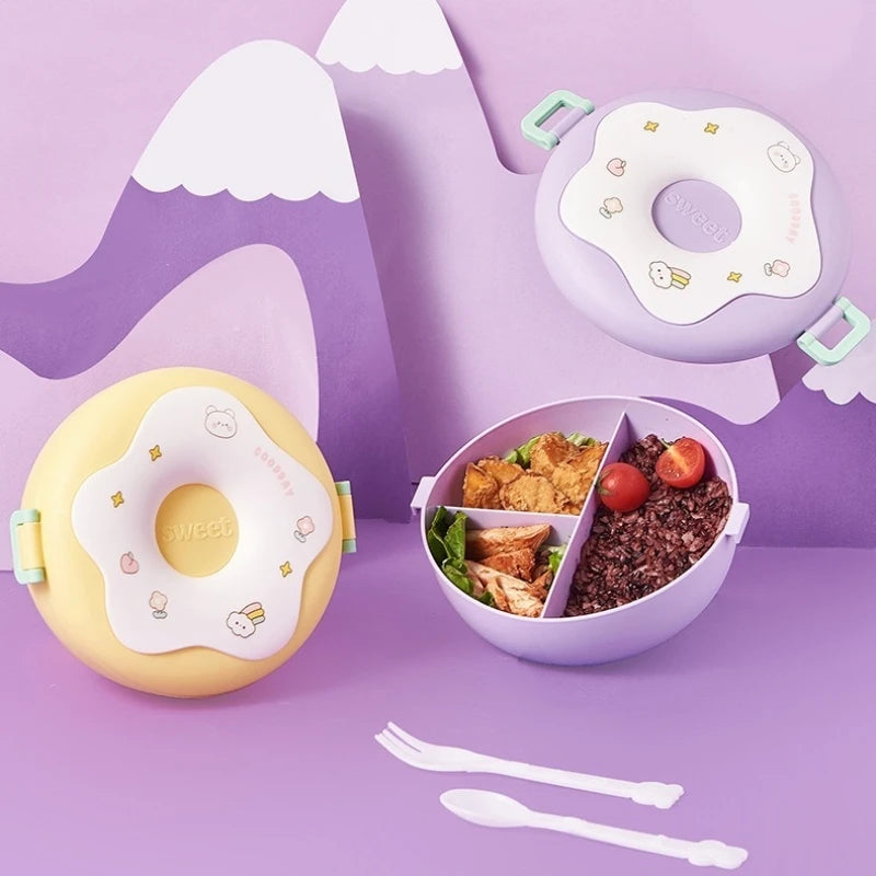 Donut Lunchbox Kind met 3 Vakken en Bestek