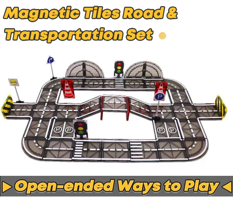 Magnetische Tegels Bouwset met Wegdelen en Auto's (5.5cm)