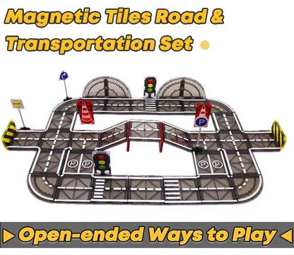 Magnetische Tegels Bouwset met Wegdelen en Auto's (5.5cm)