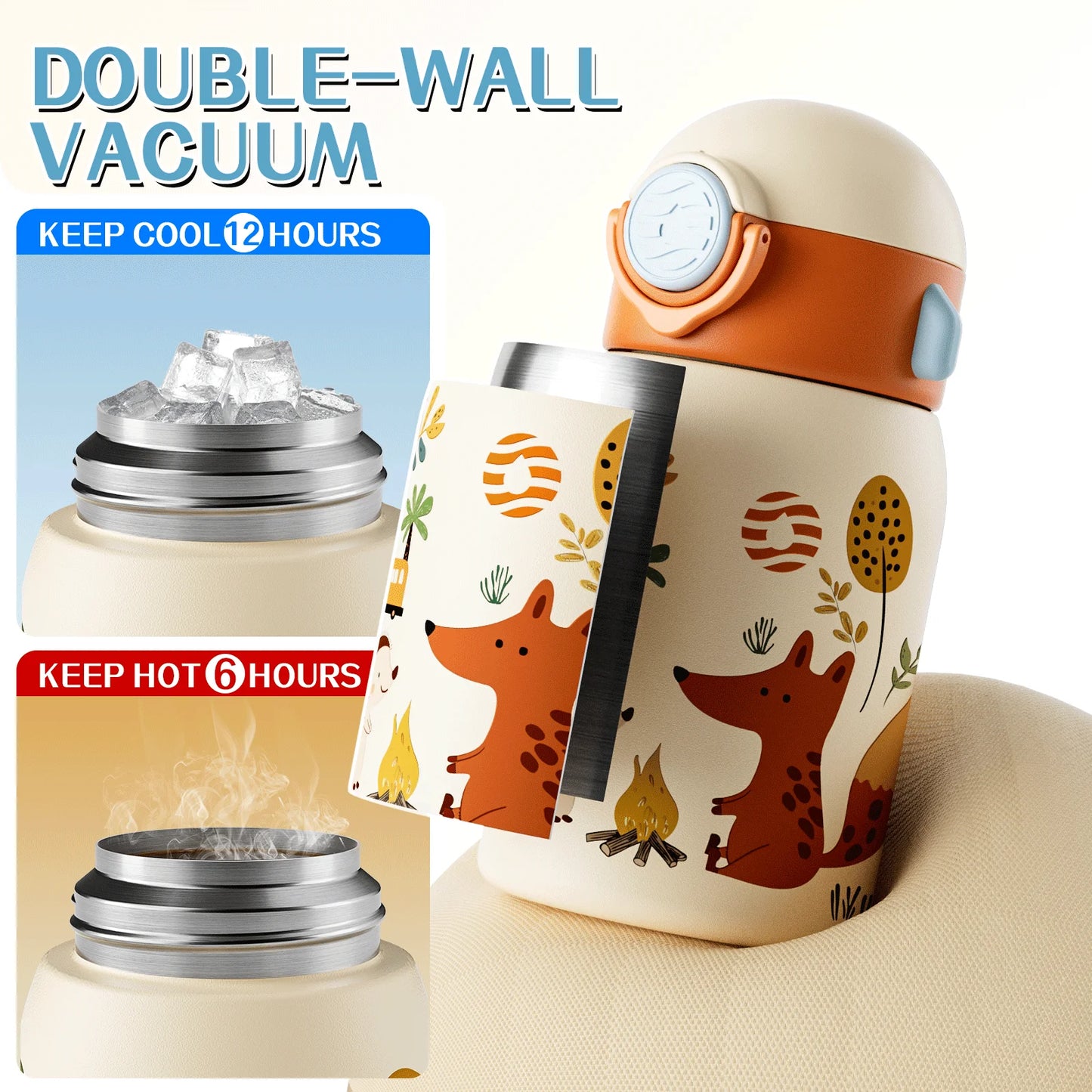 RVS Thermosfles Kind 400ml met Cartoonpatroon en Zakje