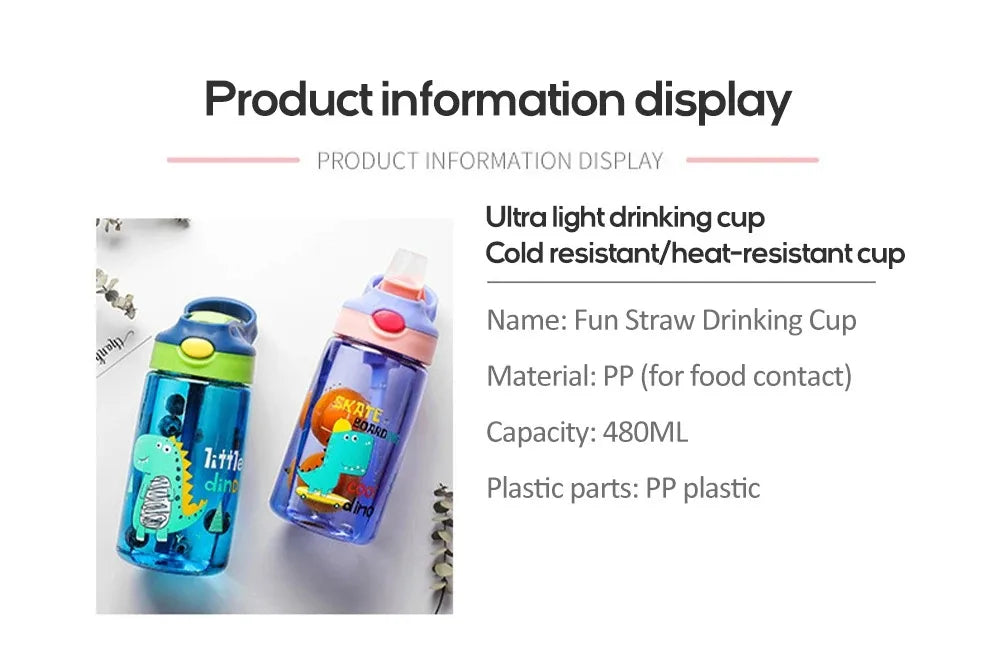 Kinder Drinkfles met Tuitbeker en Rietje – Lekvrij Dino – 480 ml