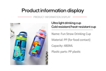 Kinder Drinkfles met Tuitbeker en Rietje – Lekvrij Dino – 480 ml