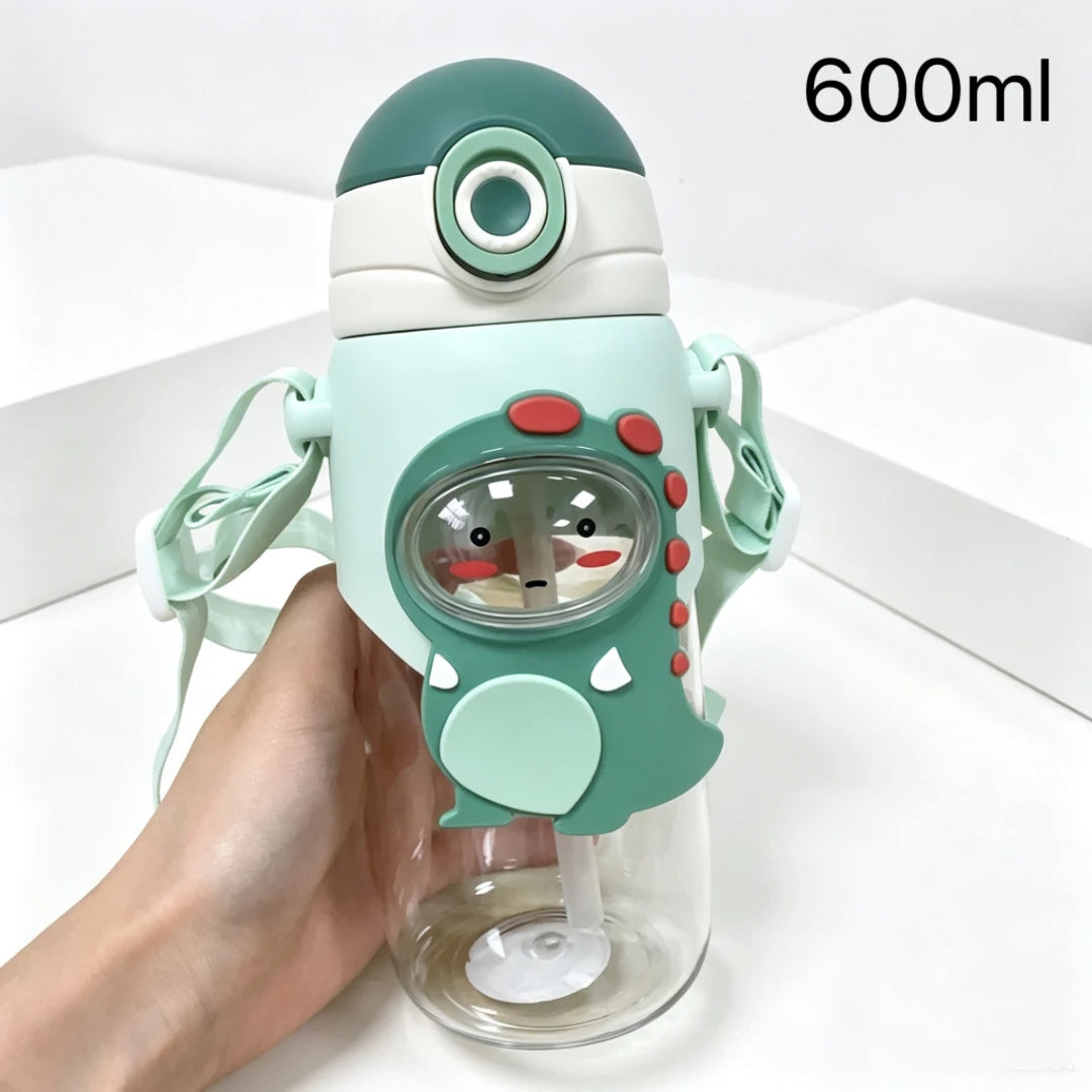 Kinder Drinkfles met Rietje en Dierenprint – 600 ml, Lekvrij, met Draagband
