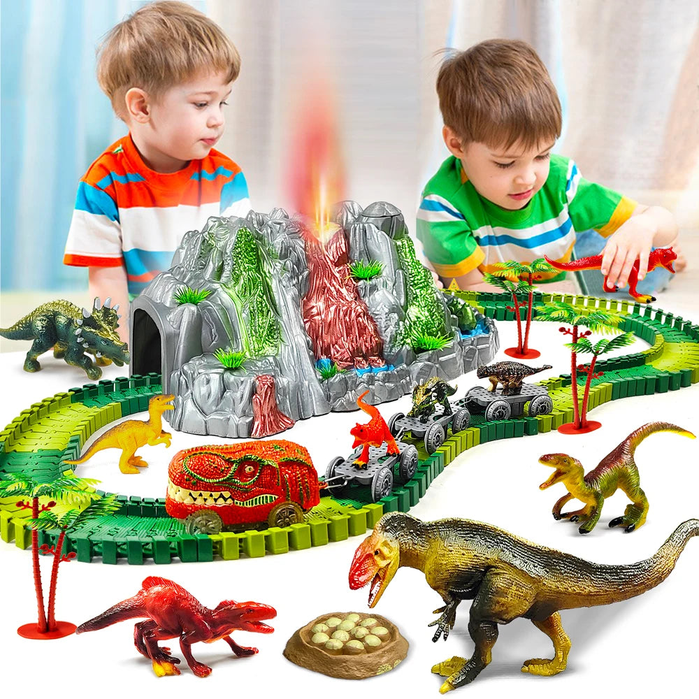 Dinosaurus Racebaan Speelset met Trein en Vulkaan met Neveleffect