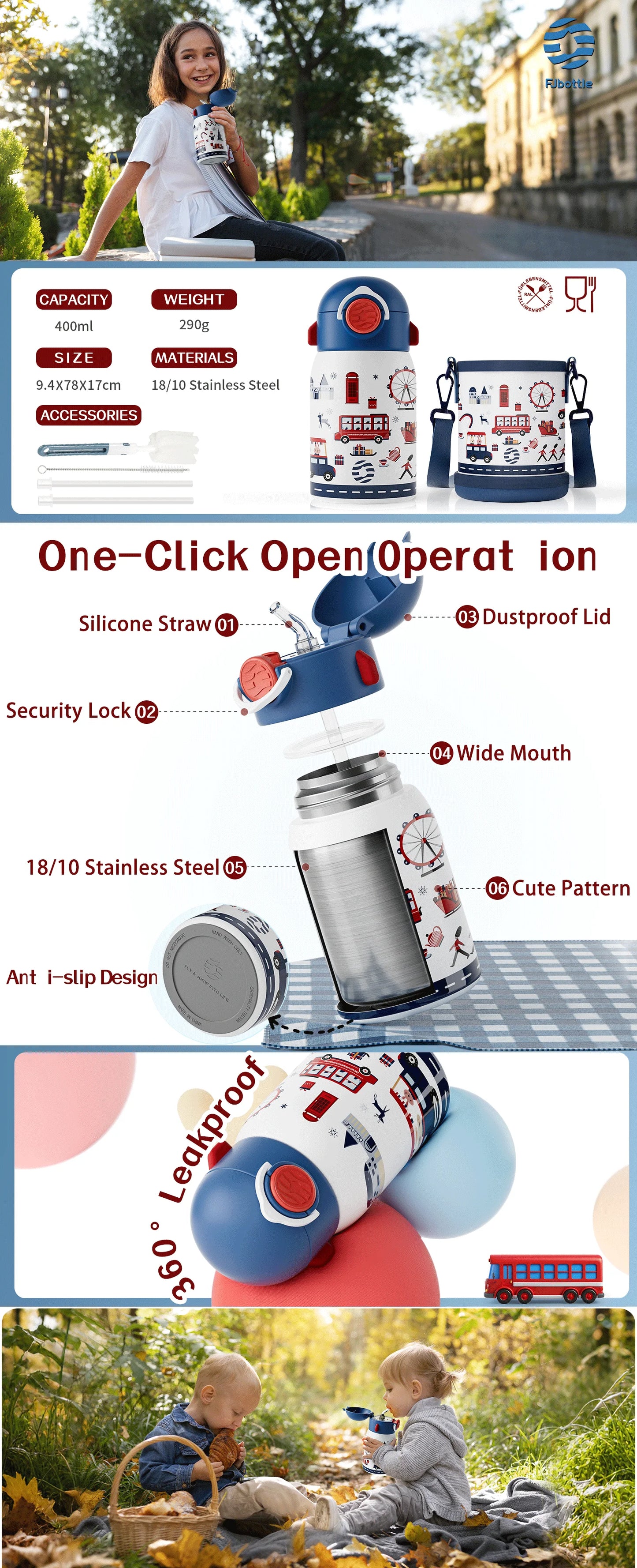 RVS Thermosfles Kind 400ml met Cartoonpatroon en Zakje