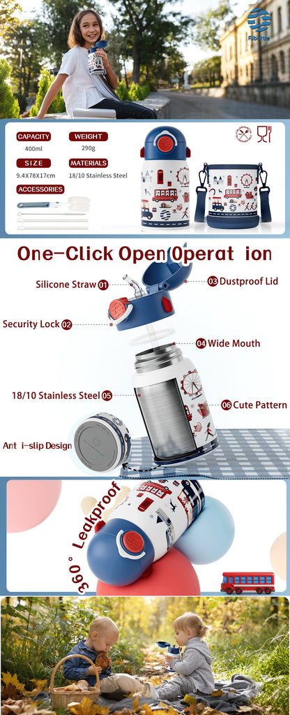 RVS Thermosfles Kind 400ml met Cartoonpatroon en Zakje