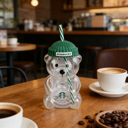 Starbucks Bearista Bear Glazen Drinkbeker – 591ml met Groene Deksel en Rietje