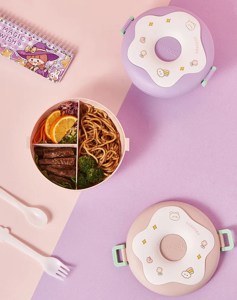 Donut Lunchbox Kind met 3 Vakken en Bestek