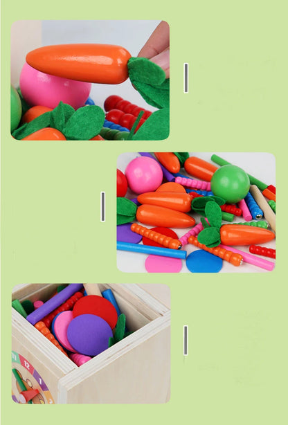 Houten Montessori 6-in-1 Speelbox met Objectpermanentie, Munten en Worteloogst