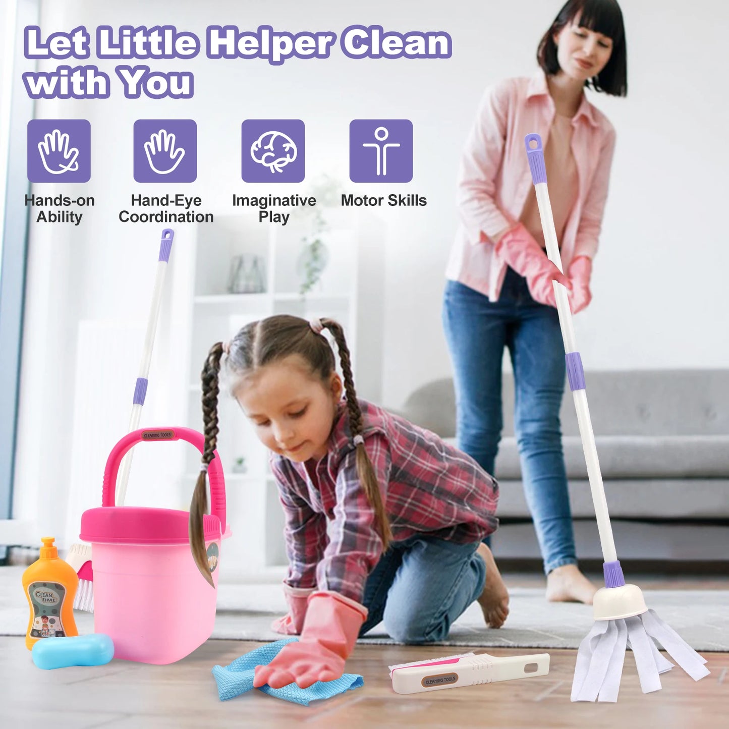 Kinder Schoonmaakset met Bezem, Stoffer en Emmer - 12-delig
