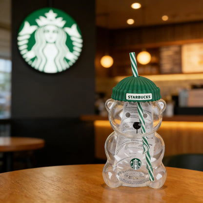 Starbucks Bearista Bear Glazen Drinkbeker – 591ml met Groene Deksel en Rietje