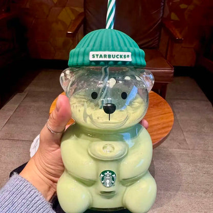 Starbucks Bearista Bear Glazen Drinkbeker – 591ml met Groene Deksel en Rietje
