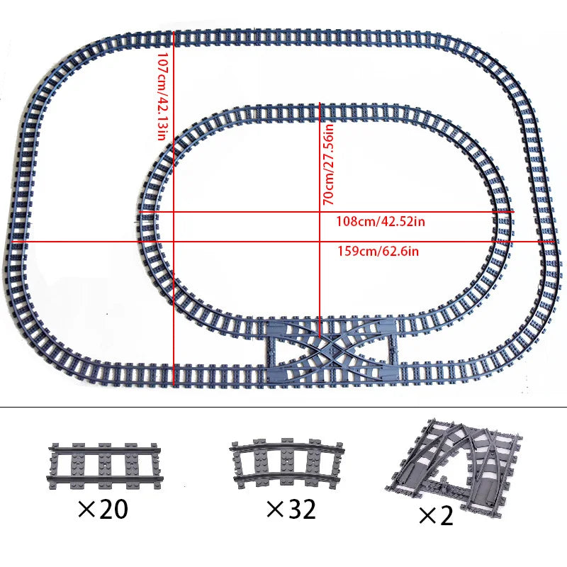 Compatibel LEGO Treinrails Bouwblokken Set met Kruising en Flexibele Sporen