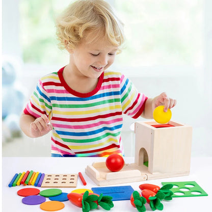 Montessori 4-in-1 Speelset: Objectpermanentie, Muntdrop, Worteloogst & Vormensorteerder