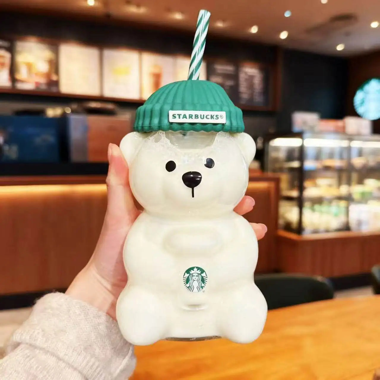 Starbucks Bearista Bear Glazen Drinkbeker – 591ml met Groene Deksel en Rietje