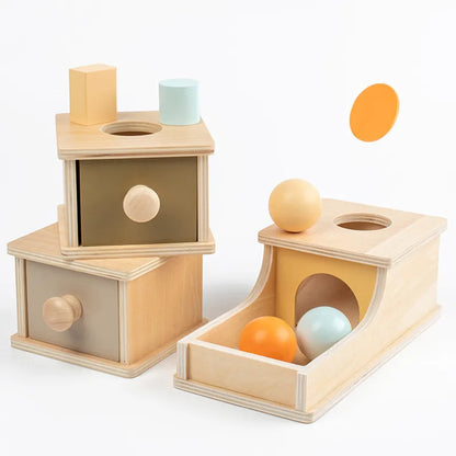 Montessori 4-in-1 Speelset: Objectpermanentie, Muntdrop, Worteloogst & Vormensorteerder