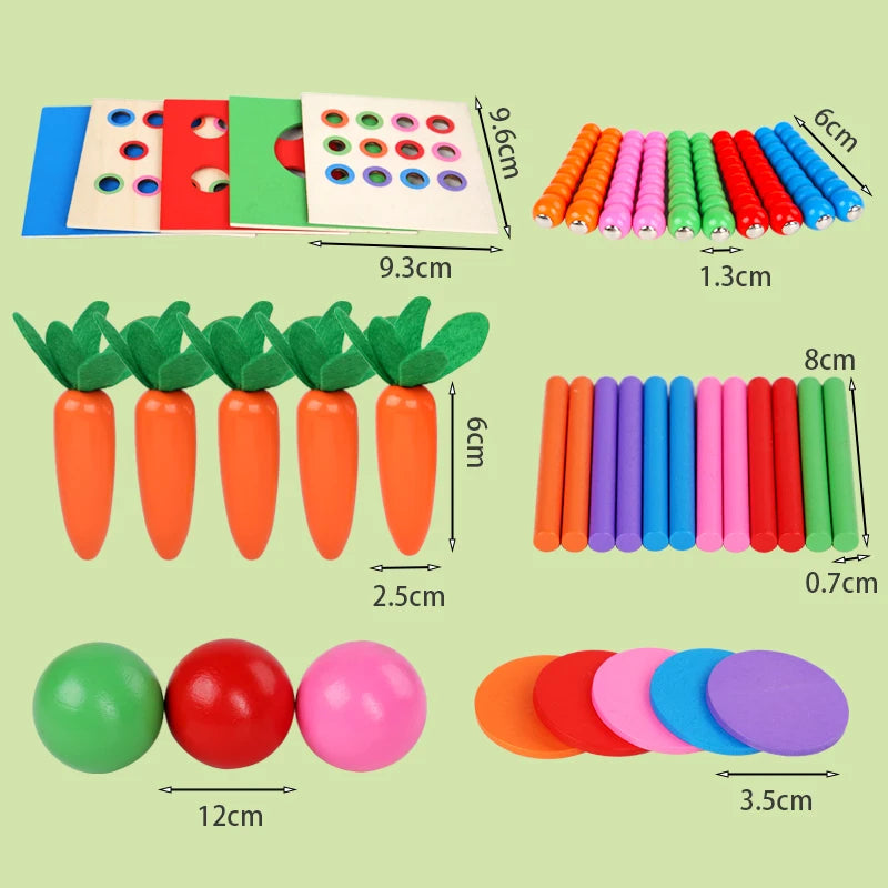 Houten Montessori 6-in-1 Speelbox met Objectpermanentie, Munten en Worteloogst