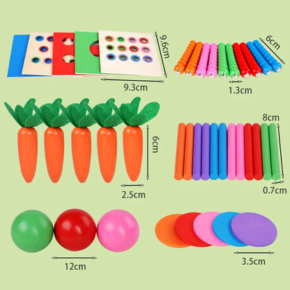 Houten Montessori 6-in-1 Speelbox met Objectpermanentie, Munten en Worteloogst