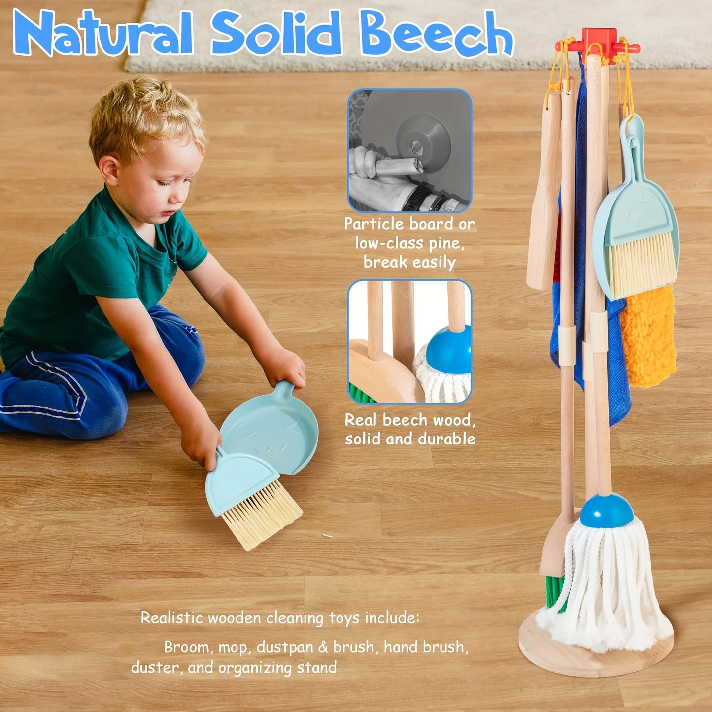Houten schoonmaakset voor kinderen - 8-delig met bezem en mop