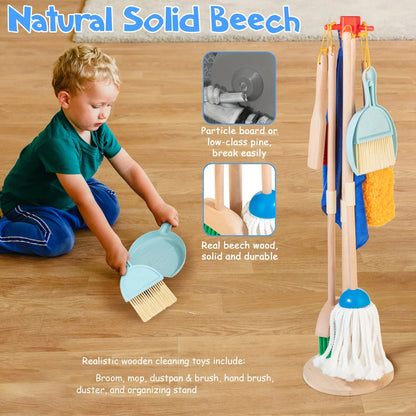 Houten schoonmaakset voor kinderen - 8-delig met bezem en mop