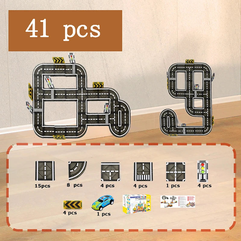 Magnetische Tegels Bouwset met Wegdelen en Auto's (5.5cm)