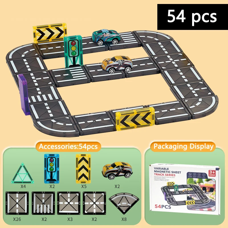 Magnetische Tegels Bouwset met Wegdelen en Auto's (5.5cm)