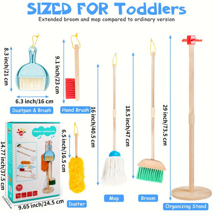 Houten schoonmaakset voor kinderen - 8-delig met bezem en mop