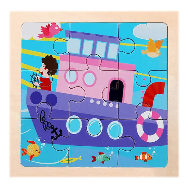 Houten 3D Puzzel met 9 Stukjes – Dieren & Vervoer
