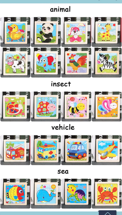 Houten 3D Puzzel met 9 Stukjes – Dieren & Vervoer