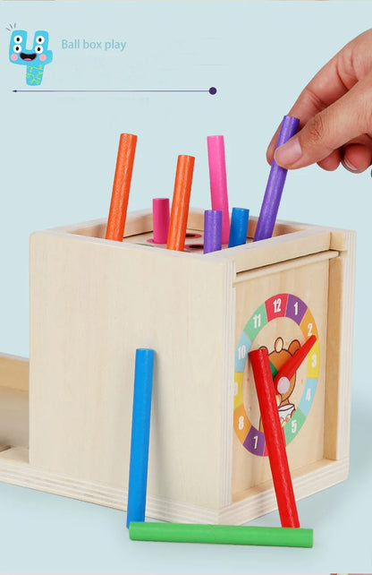 Houten Montessori 6-in-1 Speelbox met Objectpermanentie, Munten en Worteloogst
