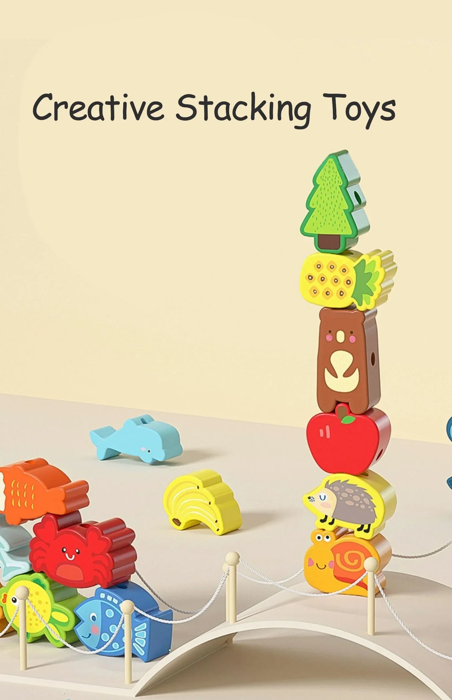 Houten Rijgkralen Set voor Kinderen - 42 Stuks Dieren en Fruit